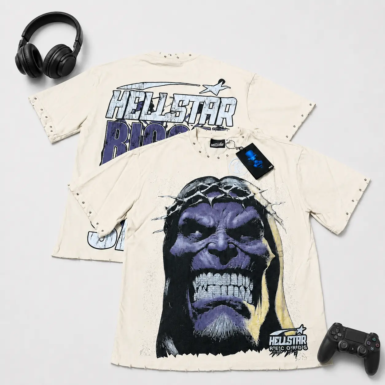 Hellstar Records Men's Pure Cotton Oversized Graphic T-Shirt, Vintage Distressed Double-Sided Short Sleeve Tee, Holiday Gothic Streetwear Outfit