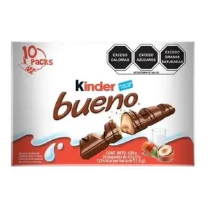 Kinder Bueno Box with 10 pack. Each pack 43 grams. Delicious chocolate bars candy wholesale