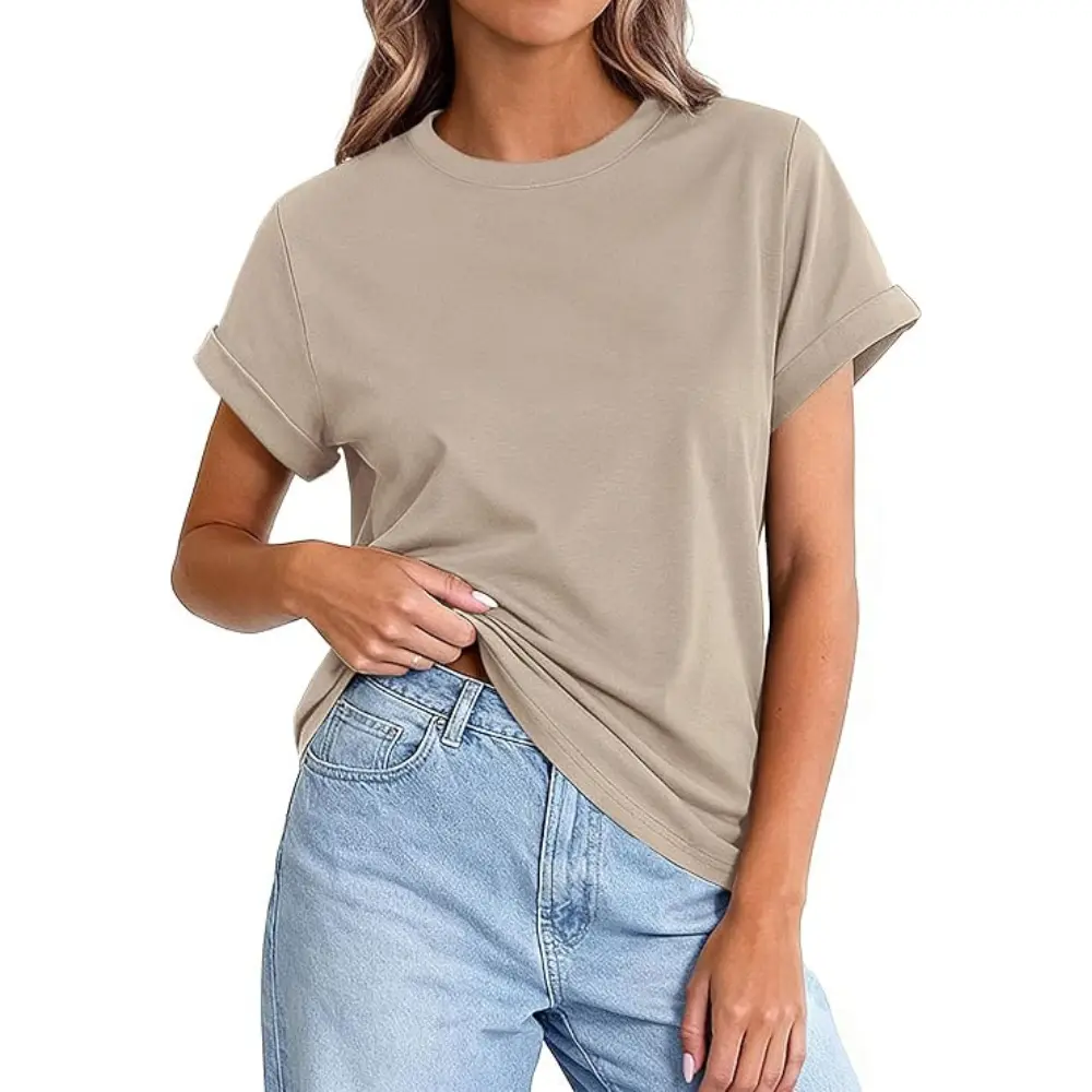 PrettyGarden Women's Summer Cotton Tops Spring Casual Rolled Short Sleeve Basic Tees Crew Neck Work Shirts Fashion Clothing