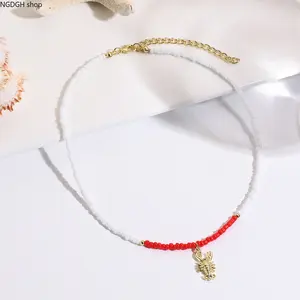 Women's Adjustable Gold Lobster Seed Bead Choker - Elegant White Red Beaded Necklace with Shining Charm, Delicate Lightweight Jewelry for Summer Daily Wear, Nautical Statement Looks (Sports & Outdoor Camping Hiking Hammock Accessory)