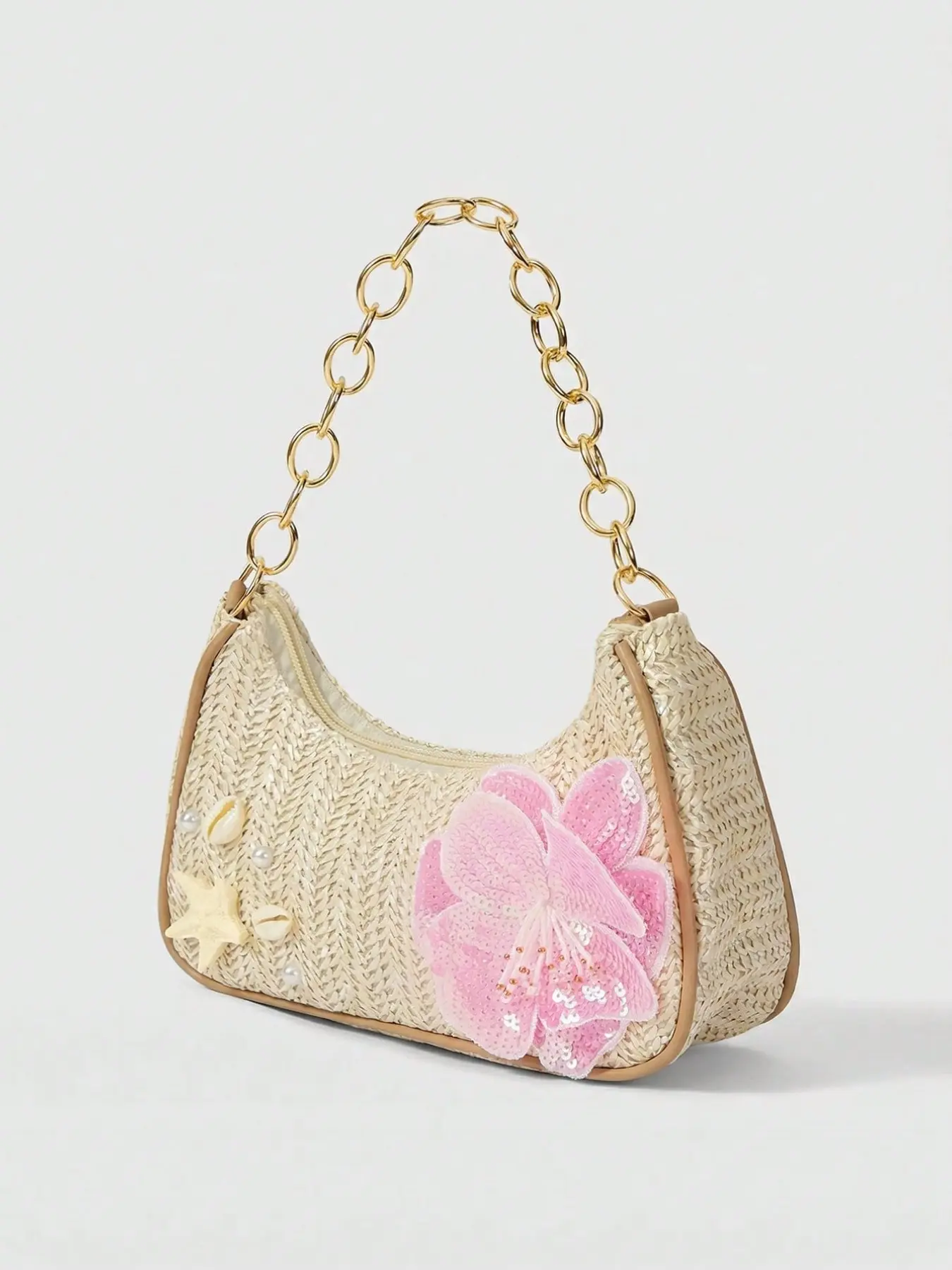 Bohemian Style Straw Shoulder Bag, Casual Fashion Bag, Embellished Shoulder Bag, Handmade Beaded Sequins Hibiscus Shell DIY Decor, Perfect for Vacation/daily Use, All Seasons
