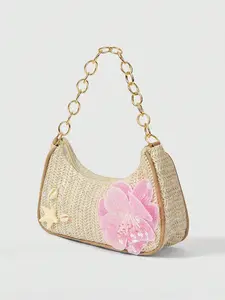 Bohemian Style Straw Shoulder Bag, Handbag Sling Bag, Bling Crossbody Bag, Handmade Beaded Sequins Hibiscus Shell DIY Decor, Perfect for Vacation/daily Use, All Seasons