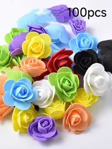 100pcs Pe Rose Foam Flower Heads, Wedding Party Decoration Accessories, Artificial Fake Flowers for Candy Boxes, Realistic Foam Flowers