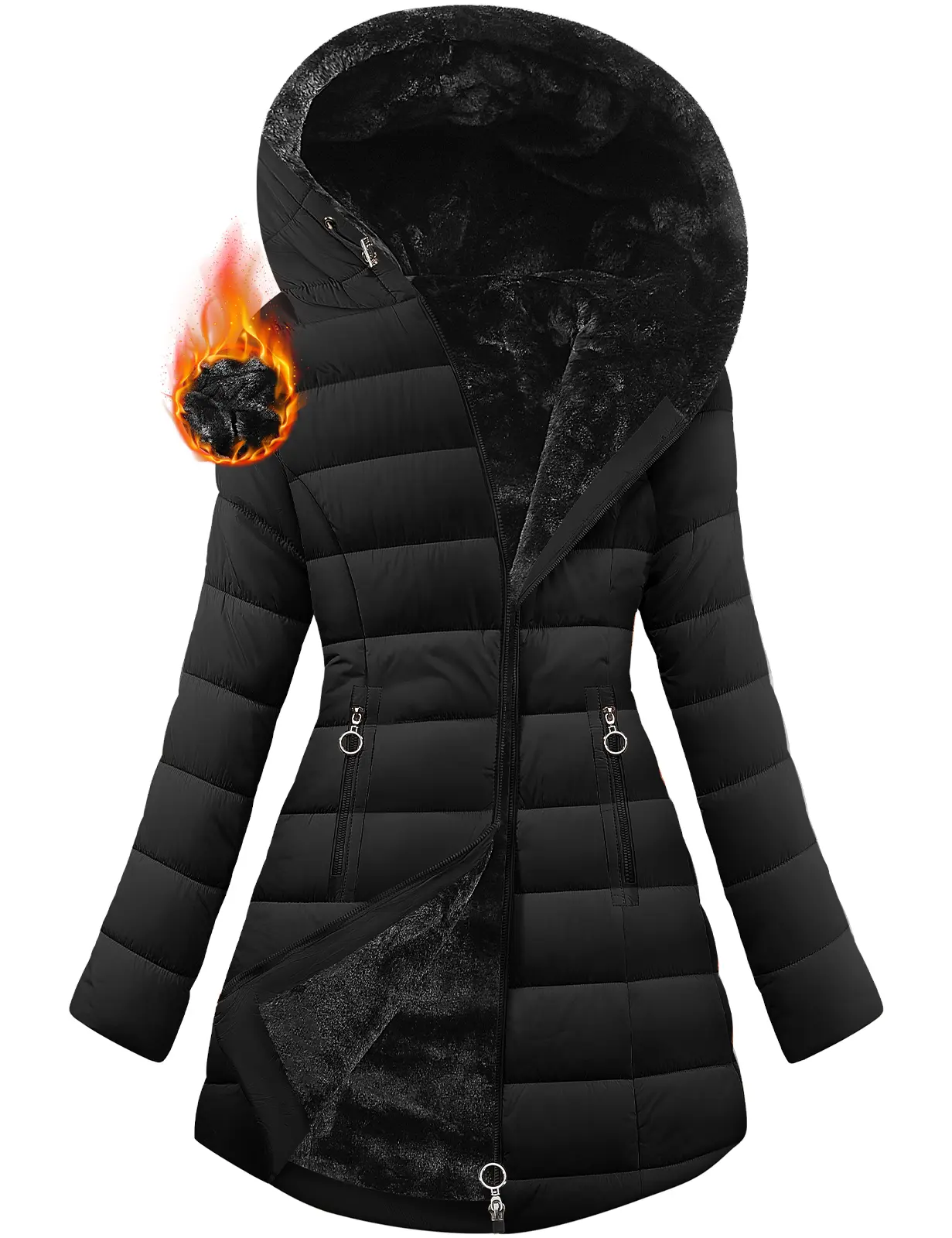 Women's Winter Thick Down Jacket - Casual Winter Coat, Longsleeves, Medium Length Fleece-Lined Parka with Faux Fur Hood Outerwear Black Basic