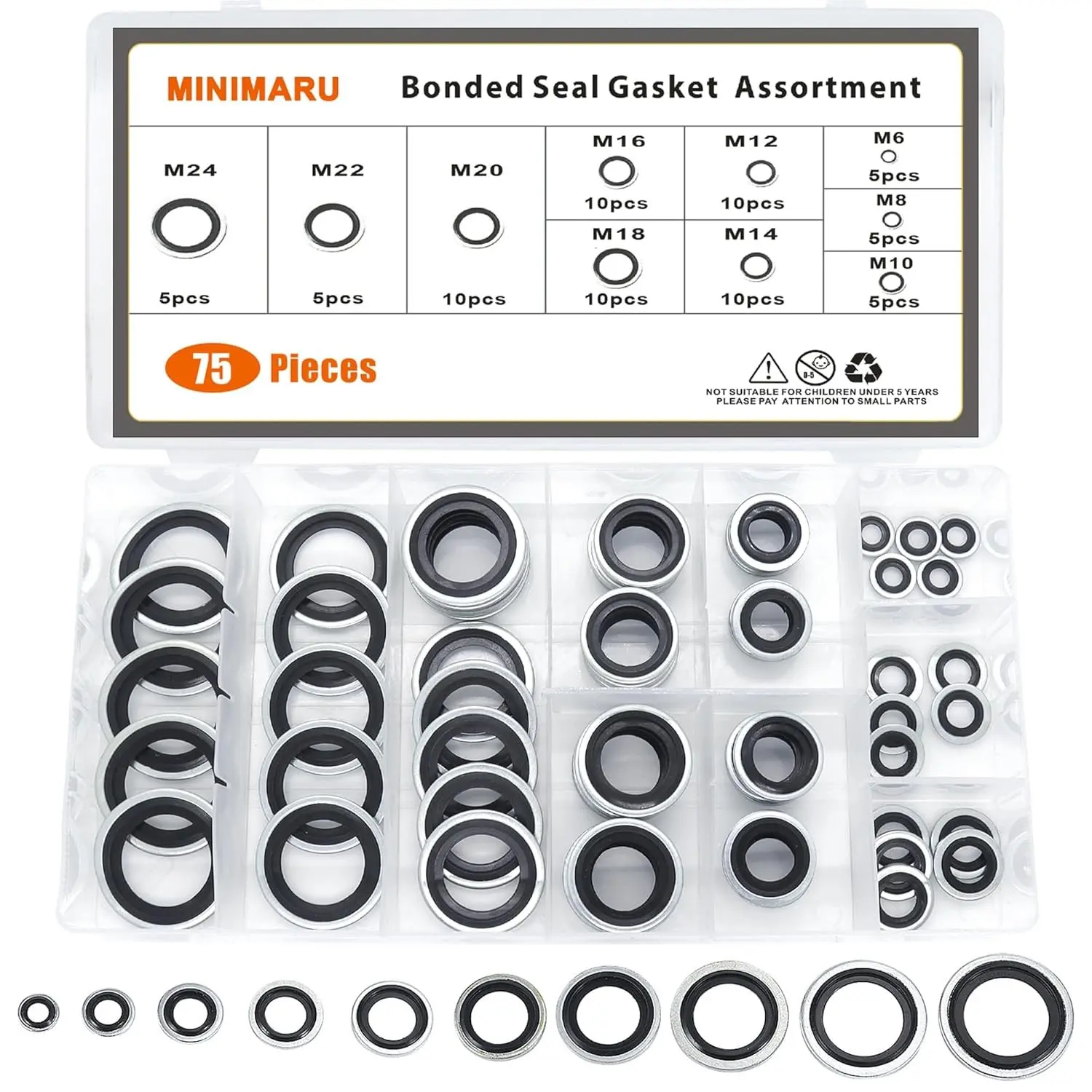 Automotive Self-Centered Bonded Seal Gasket Assortment Kit Bonded Seal Oil Washer Assortment Kit, 10 Sizes 75 PCS