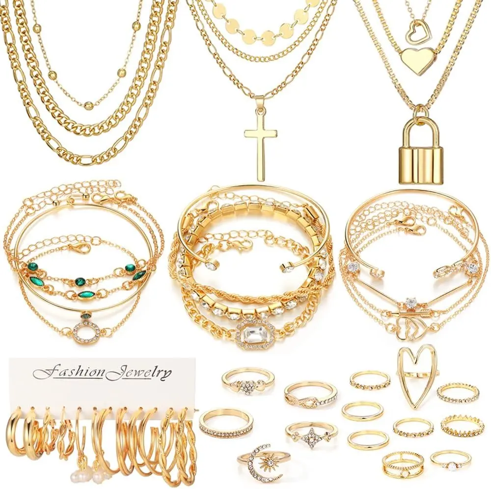 57 Pcs Gold Jewelry Set for Women,12 Pair Hoop Earrings，18 Pair Round Stud Earrings,21 Pcs Stackable Knuckle Rings,6 Pcs MultiLayer Pendant Necklaces，Fashion Accessories for women Gifts