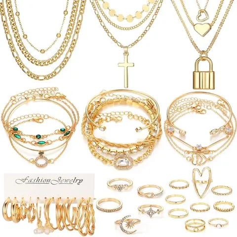 57 Pcs Gold Jewelry Set for Women,12 Pair Hoop Earrings，18 Pair Round Stud Earrings,21 Pcs Stackable Knuckle Rings,6 Pcs MultiLayer Pendant Necklaces，Fashion Accessories for women Gifts