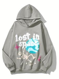 women's halloween "lost in space" letter & skeleton & planet print drop shoulder hoodie, fashion casual long sleeve hooded sweatshirt for daily holiday outdoor wear, ladies clothes for summer