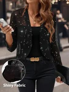 Women's Sheer Starry Sparkle Open Front Cardigan - Shiny Mesh 3/4 Sleeve Cover Up for Party/Date Night suitable for Valentine's Day Womenswear