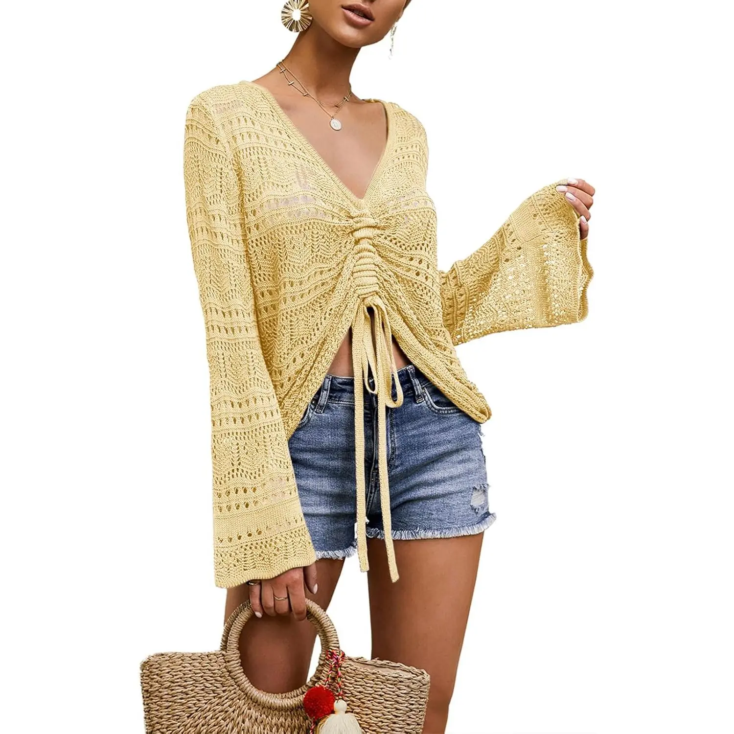 Saodimallsu Women's Bohemian Crochet Knit Crop Top - V-Neck Bell-Sleeve Ruched Tie-Front Sheer Blouse, Lightweight Loose-Fit Crochet Coverup for Street Wear with Easy Movement