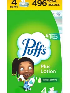 Puffs Plus Lotion Facial Tissues, 4 Family Boxes, 124 tissues per box
