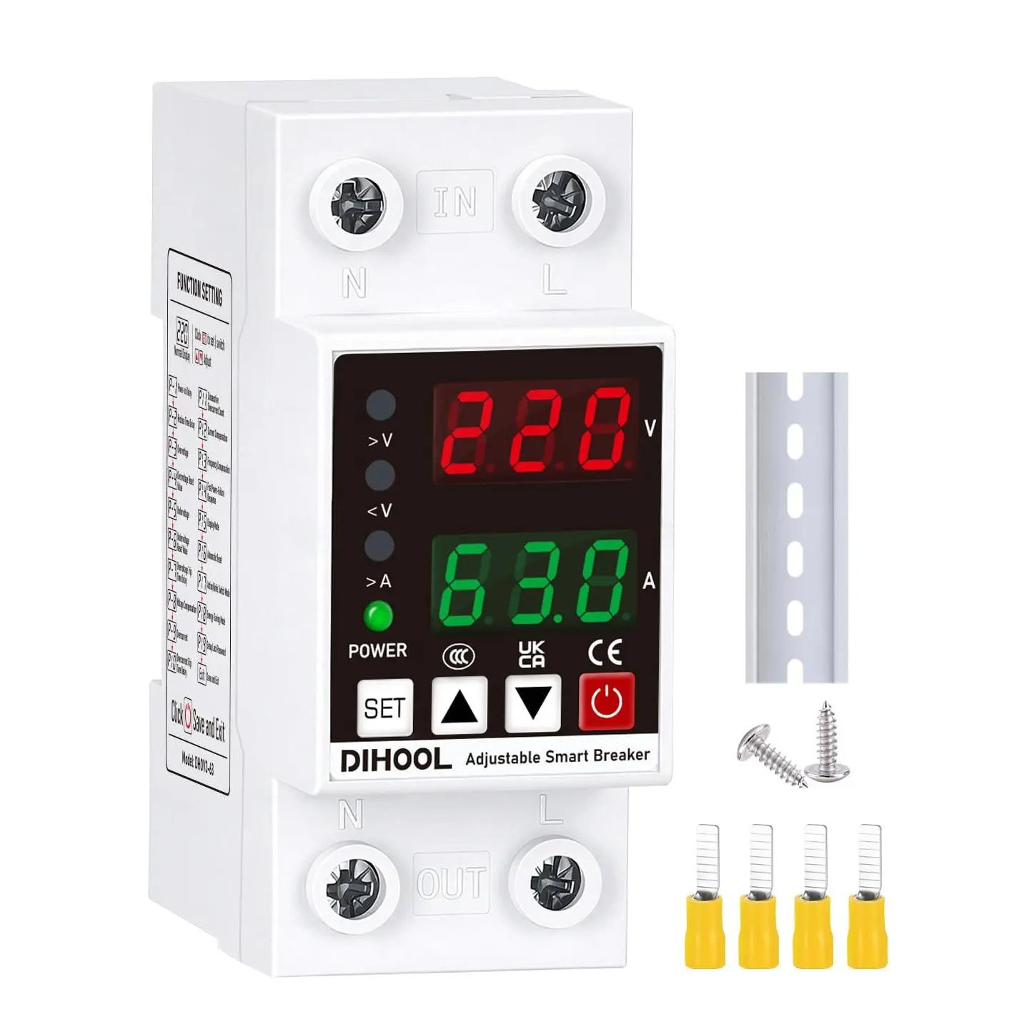 Universal Smart Auto-Recovery Circuit Breaker - Ultimate Safety First, 70-200V Low/140-300V High Adjustable Limits, 1-63A Overcurrent Protector, AC Disconnect Switch for AC Power Supply, Fireproof PC, DIN Rail Mount, Gaming & Industrial Electrical Use, 19