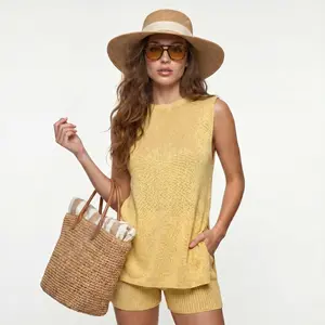 Women's 2 Piece Outfits Summer Knit Set, Sleeveless Tunic Top and Matching Shorts with Pockets, Beige lounge set for women, vacation sets, matching sets for women, summer outfits set, two piece set for Beach, Resort, Lounge, Vacation and Daily Wear