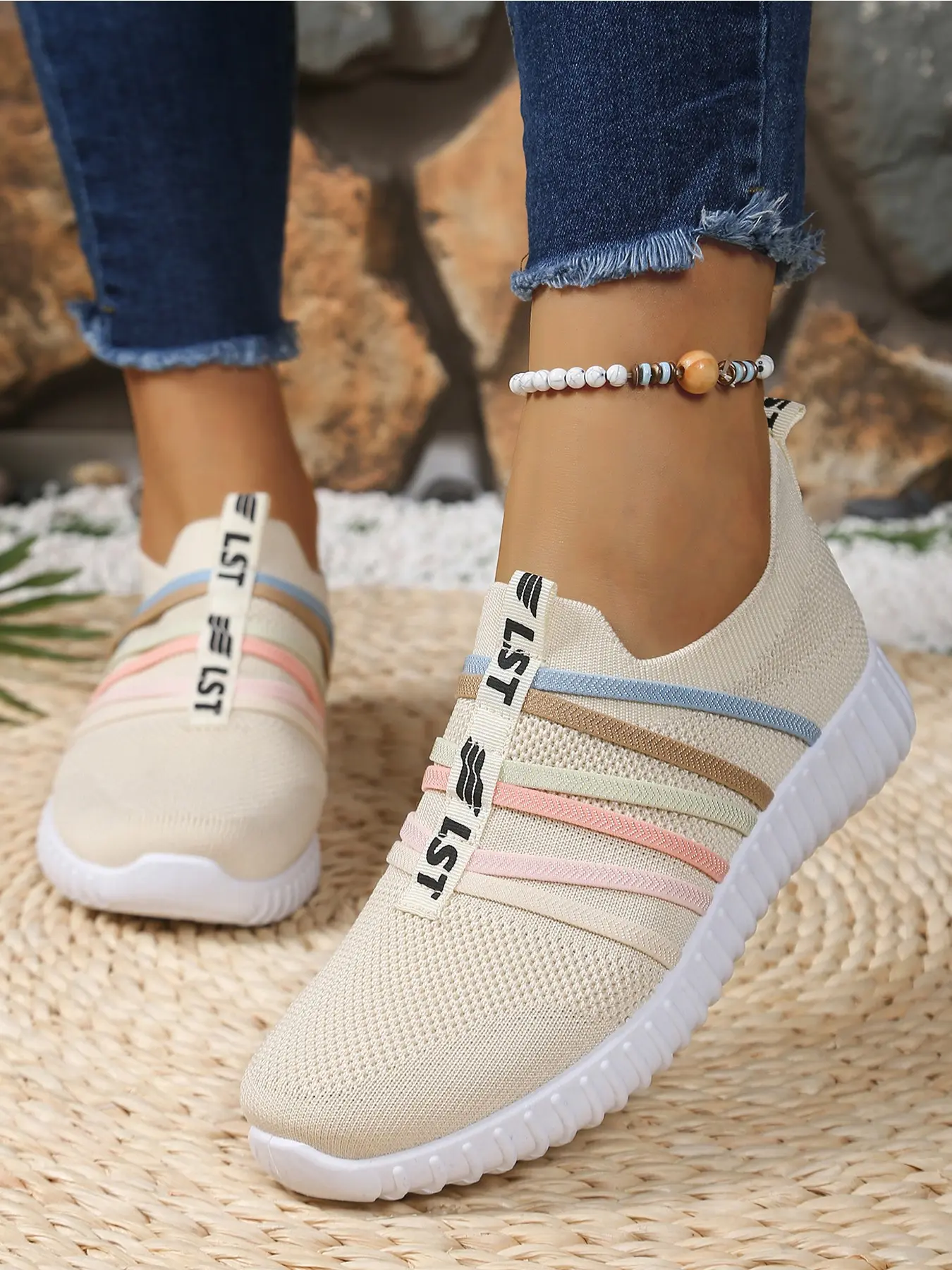 Women's Flyknit Rainbow Sneakers, Lightweight Casual One-Click Sport Shoes, Comfortable Single Shoe for Daily Wear, Low Top Sneakers