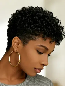 6 Inches Pixie Cut Design Wigs Human Hair, Short Curly Pixie Cut Wigs for Women, Short Curl Texture, Fluffy Natural Wig, Natural Black Wine red brown