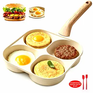 4-Hole Non-Stick Egg Frying Pan, 4-Cup Pancake Pan, 4-in-1 Kitchen Utensil, Easy Clean Granite coating, Genuine Non-Stick Material, Heat-Resistant Wooden Handle, Even Heat Distribution, Suitable for all types of stoves, An  surprise gift for Mother's Day