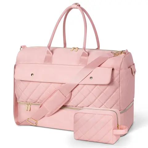 Wedama Quilted Pink Women's Weekender Travel Bag - 20x8.66x13 inches, Lightweight Carry On Airport-Friendly Luggage, Shoe Compartment, Makeup Organizer, Baggage Solution, Travel Accessories for Business Trips, Mother's Day Gift