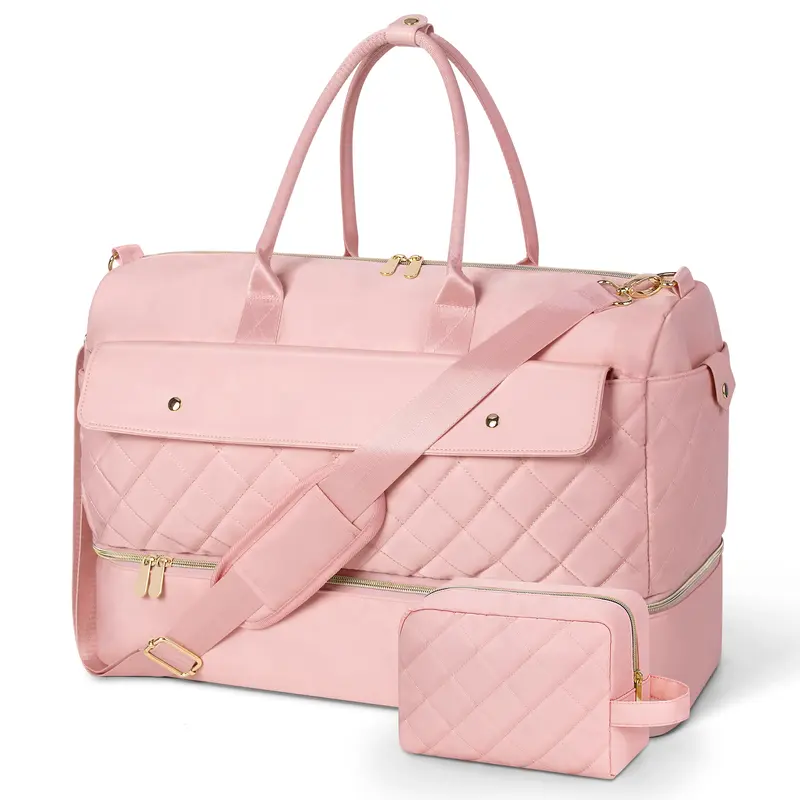 Wedama Quilted Pink Women's Weekender Travel Bag - 20x8.66x13 inches, Lightweight Carry On Airport-Friendly Luggage, Shoe Compartment, Makeup Organizer, Baggage Solution, Travel Accessories for Business Trips, Mother's Day Gift