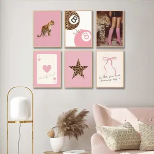 6pcs/set Unframed Pink Leopard Printed Cheetah Animal Canvas Painting Wall Art Lucky 8 Ball Print Poster Modern Living Room Bedroom Decor Home Decor Supplies