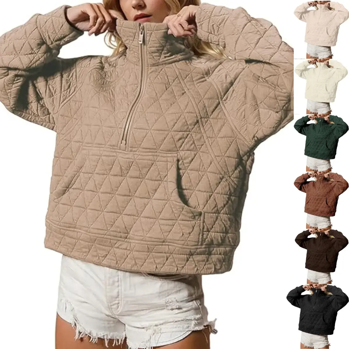Mundoven Women's Quilted Puffer Jacket Half-Zip Pullover Sweatshirt Long Sleeve Lightweight Fall Casual Oversize Warm Outerwear