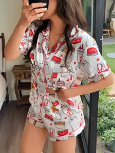 Women's Fried Chicken Print Pajama Set, Pyjamas, Casual Comfort Short Sleeve Shirt and Shorts, All Season Home Wear, Loungewear, Loose-Fitting