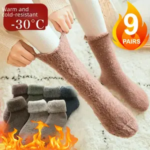 Unisex Thick Plush Mid-Tube Sock Set - 6 Pairs or 9 Pairs Mixed Color Warm Winter Floor Socks, Soft Comfortable Home Style for Daily Wear and Sleeping, Warm Winter Socks
