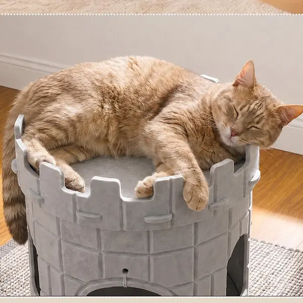 Best Castle Style Cat Cave, Extra Large Scratch Resistant Castle Condo, Large Size Cat Cave, Felt Cat Bed Cave Indoor, Cozy Kitten House with Hanging Ball, Perfect Cat Cave