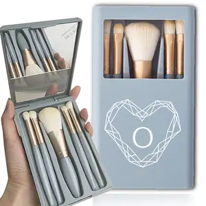 5pcs Makeup Brush Set with Mirror Organizer Case, Durable Cosmetic Facial Beauty Tools Kit, Storage Box, Powder Eyeshadow Smudge Brushes