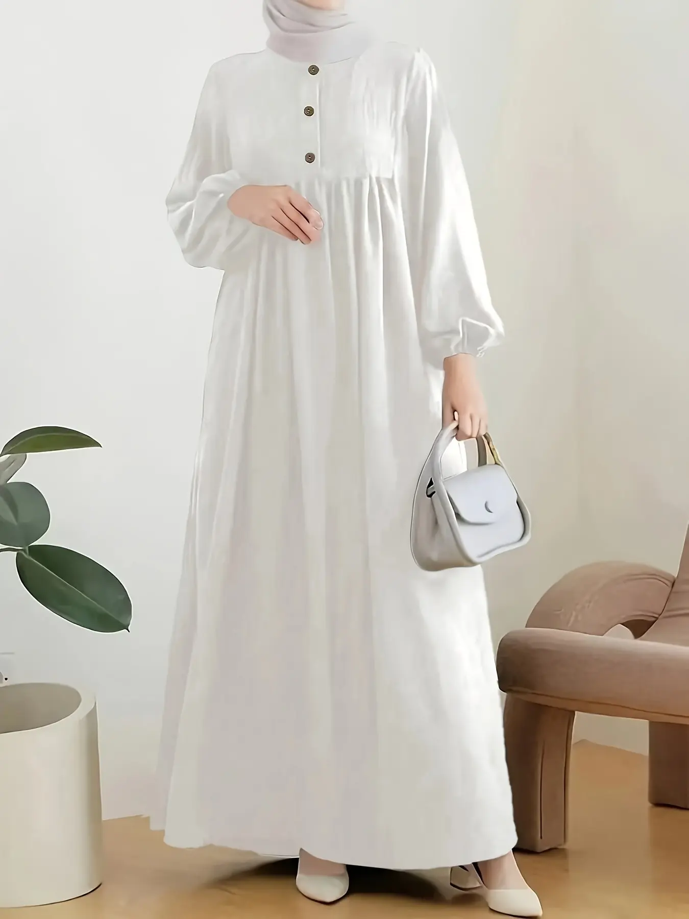 1pc Muslimah Linen Abaya, Islamic Abaya Dress, Islamic Modesty Clothes, Fresh Minimalist Fashion, Long Balloon Sleeves, Loose Fit, Lightweight, Versatile, Summer Outdoor Wear