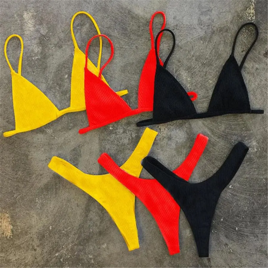 Women's Triangle Bikini Set, Solid Micro String Padded Top and High Cut Cheeky Thong, Soft Stretch Quick-Dry Bathing Suit for Beach & Photo Ops, Adjustable Strap