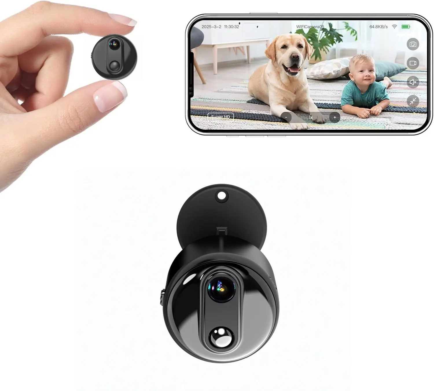 3MP Mini Rechargeable WiFi Wireless Nanny Cam - 2K HD Home Security Camera with Full Color Night Vision, AI Motion Detection, Long-Lasting Battery, SD Storage, Magnetic Back, Portable Phone App Monitor for Home, Car Use