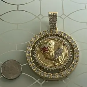 Rooster Spinning Gold Plated Medallion Pendant With Rhinestones 3.5”