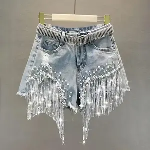 Denim Shorts Women's 2026 Summer Clothes New European High Waist Thin Heavy Industry Beaded Sequined Fringed Broken Copper Jeans