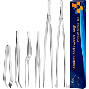 6 count Cooking Tweezer Tongs, 12'' and 6.3" Stainless Steel Kitchen Tweezer Set, Professional Chef Tweezers for Cooking, Repairing, Sea , BBQ, Multi-use