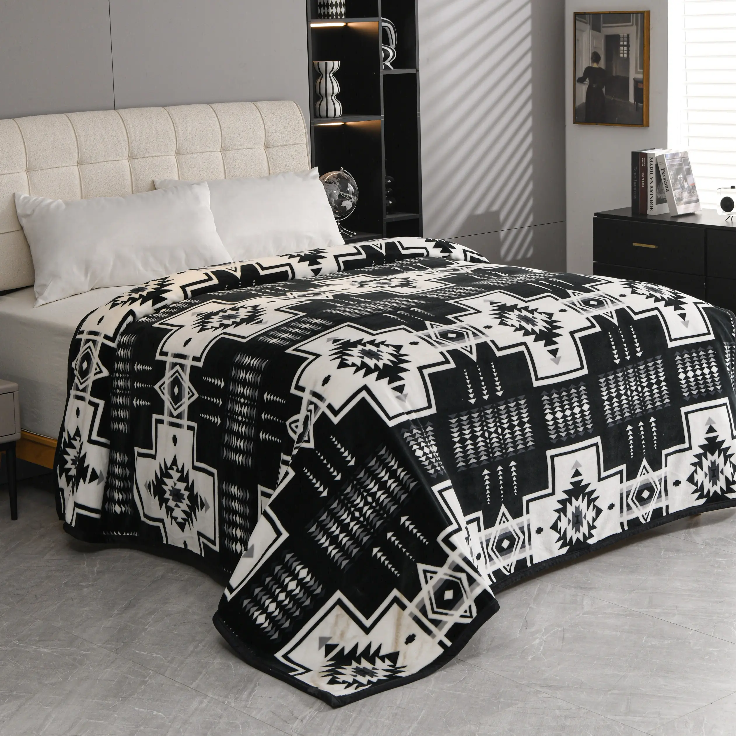 Oversized Super Plush Black & White Tribal Southwest Aztec Flannel Blanket