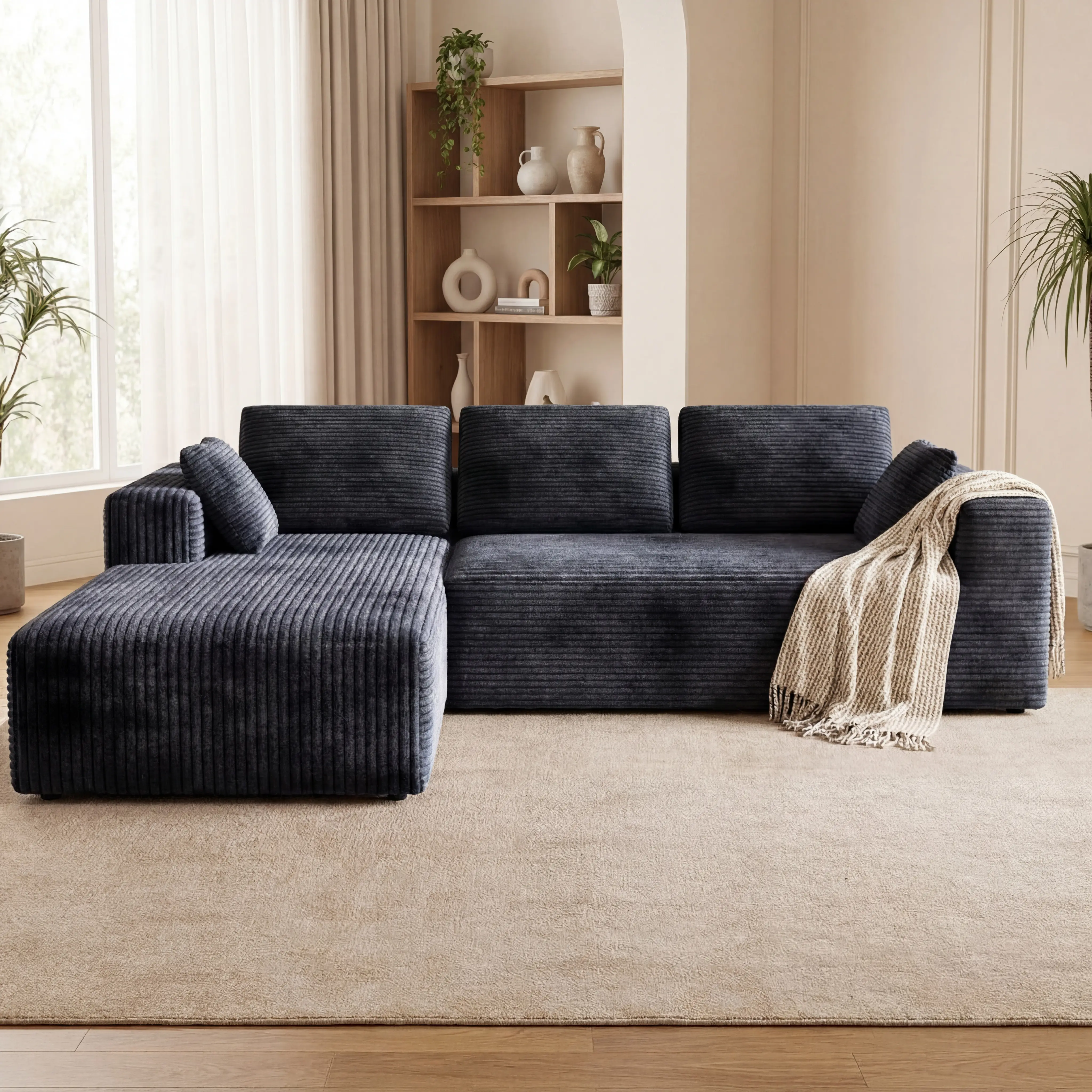 Modern Modular L-Shaped Recliner Upholstered Sofa - Deep Seat, Comfortable Cushion, Couch, Living Room Furniture, No Assembly Required, Shipped in 2 Packages, Ready to Use Unboxed