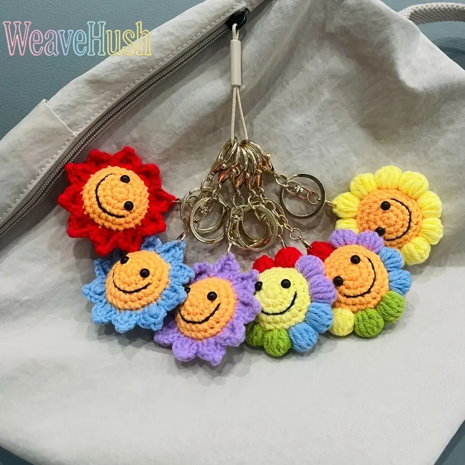 Handmade Recycled Small Cute Crochet Sunflower Keychain - Flowers, Sunflower Faces, Yellow Smiley Face Charm for Bags, Keys, Free Keychain (Leisure & Outdoor Recreation Accessory), Handmade Smiley Face Charm, Playful Look