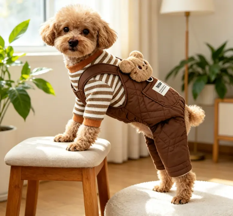 breathable pet overall style new Autumn Winter Cold-Proof Fleece Striped Large Pocket Overalls Pet Clothes Dog Thickened Soft Warm Cotton Teddy Bichon Cat Four-Legged Plush Bear One-Piece  Cartoon Small Dog dachshund merch dog clothes cute
