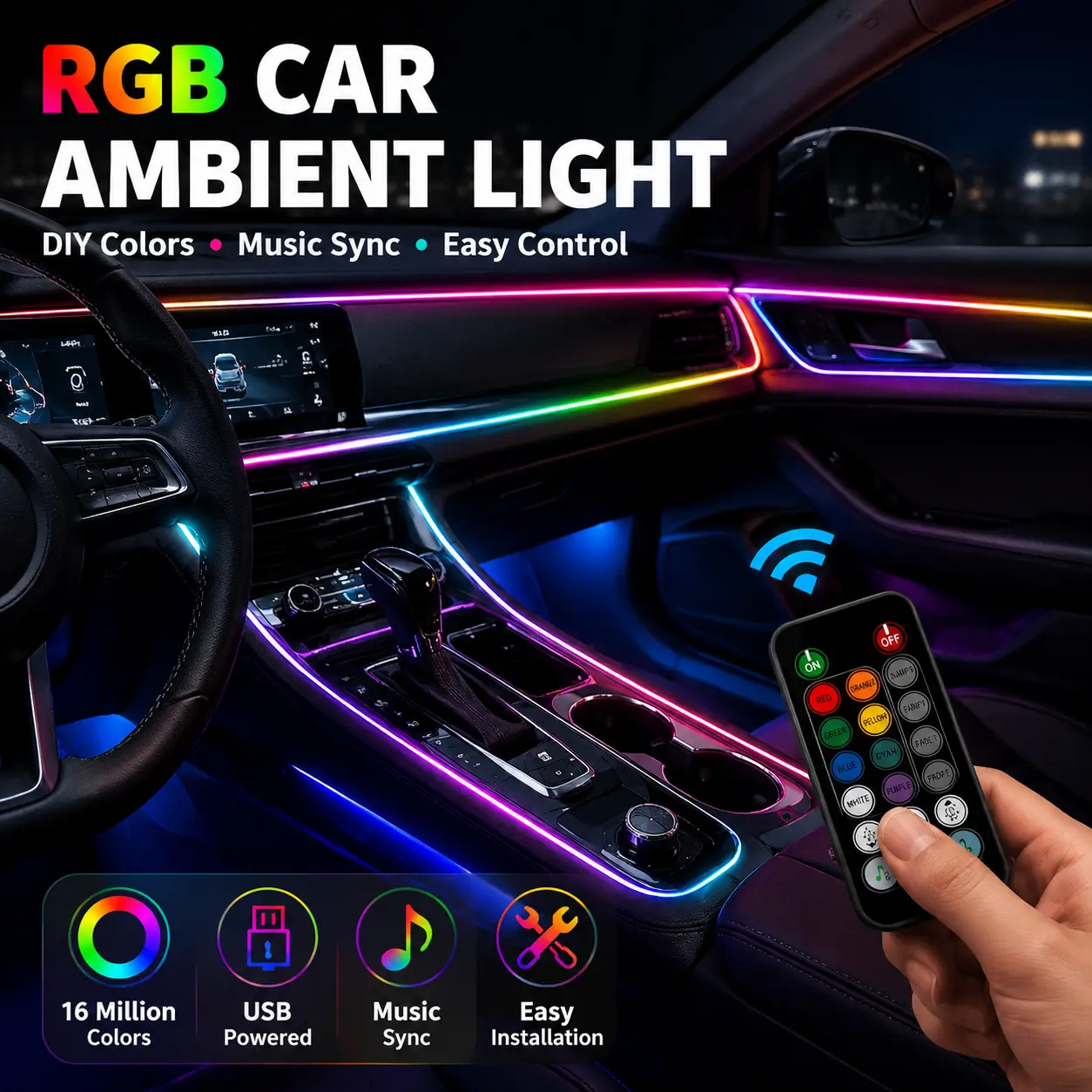 RGB Car Ambient Interior Lighting Kit - Smart APP Controlled LED Fiber Optic Lights, Music Sync 16M Colors, DIY Seamless Dash & Door Trim Strips, Universal Decor for Cars, SUVs, Trucks  #CarMod #InteriorLighting #CarGadgets #AutoAccessories