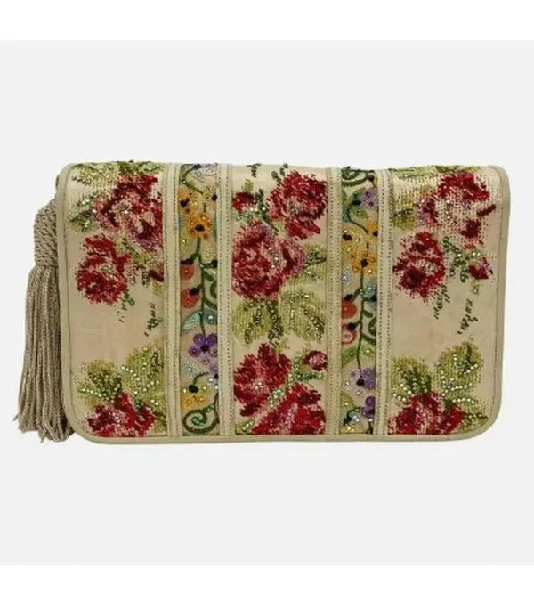 Pre-owned Judith silk Clutches & Wristlets Vintage Leiber Floral Crystal Embroidered Tassel Clutch