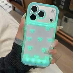 Led Clear Glitter Light Up Case for iPhone 17/16/15/14/13/12/11 Plus Pro Max, Luxury Cool Lightning Protection Phone Case with Light, Cute Charming Light-Up Bow Design, Multiple Colors & Flash Modes, Shock-Absorbent with Raised Bezel