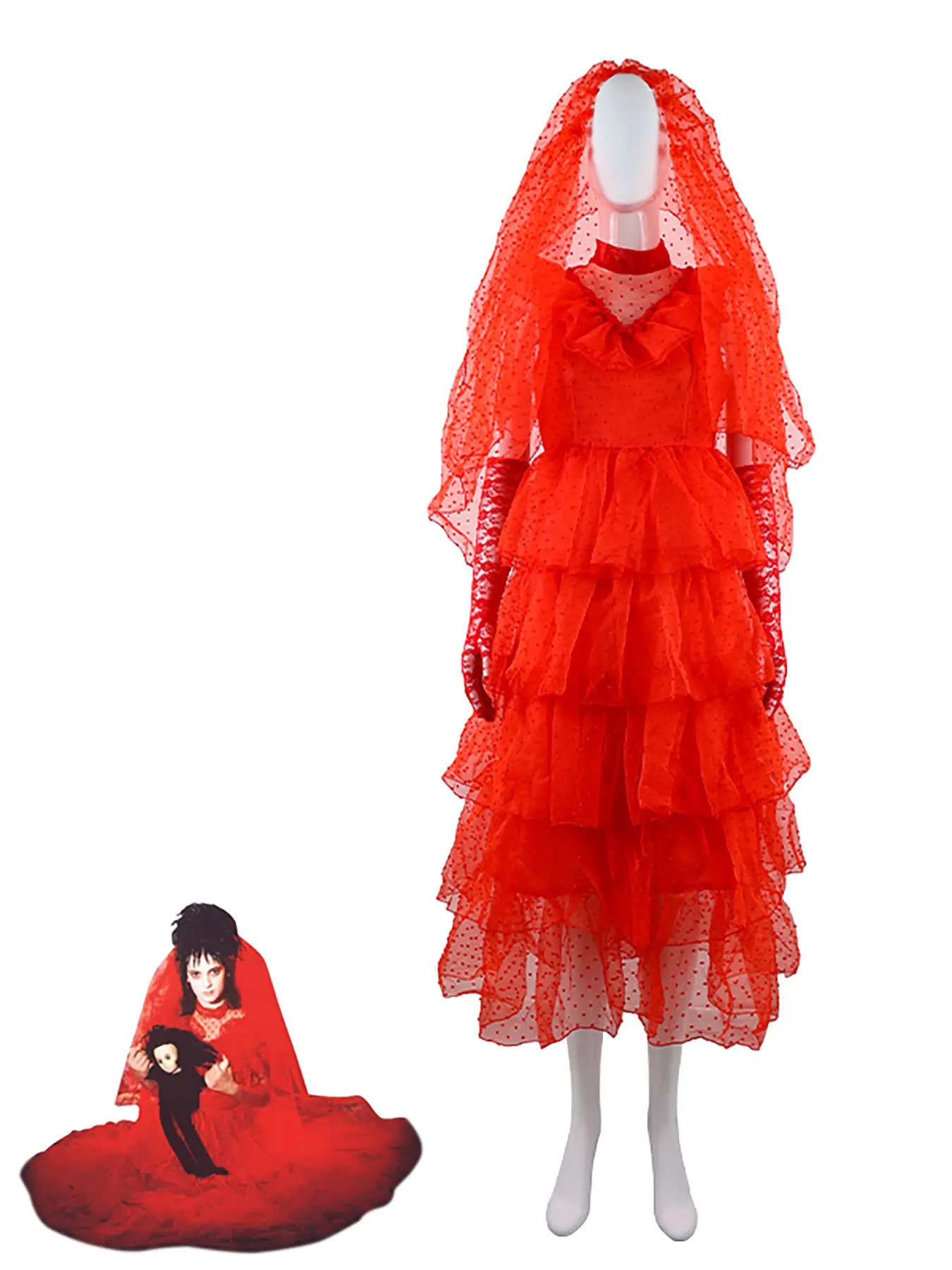 Lydia Deetz Costume with Gloves Scarf Lydia Women Womenswear Wedding Dress Gothic Red Gown Halloween Outfits with Veil Beetle Bride Cosplay