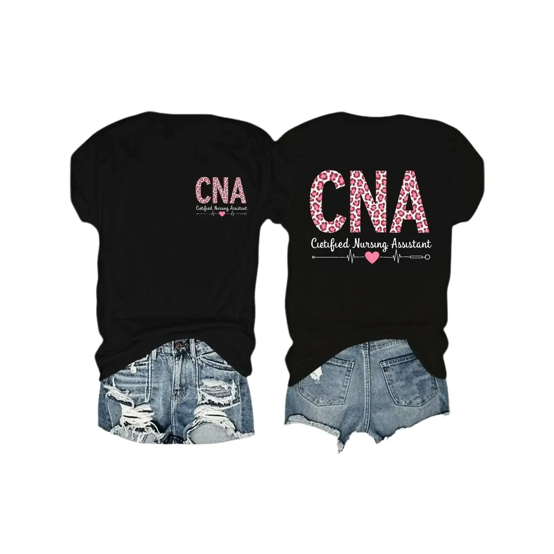 CNA Certified Nursing Assistant Double Print Cotton Tee, Pink Leopard Heartbeat Casual Women Healthcare Worker Top,funny graphic tee,summer graphic tees,tee Womenswear Hospital