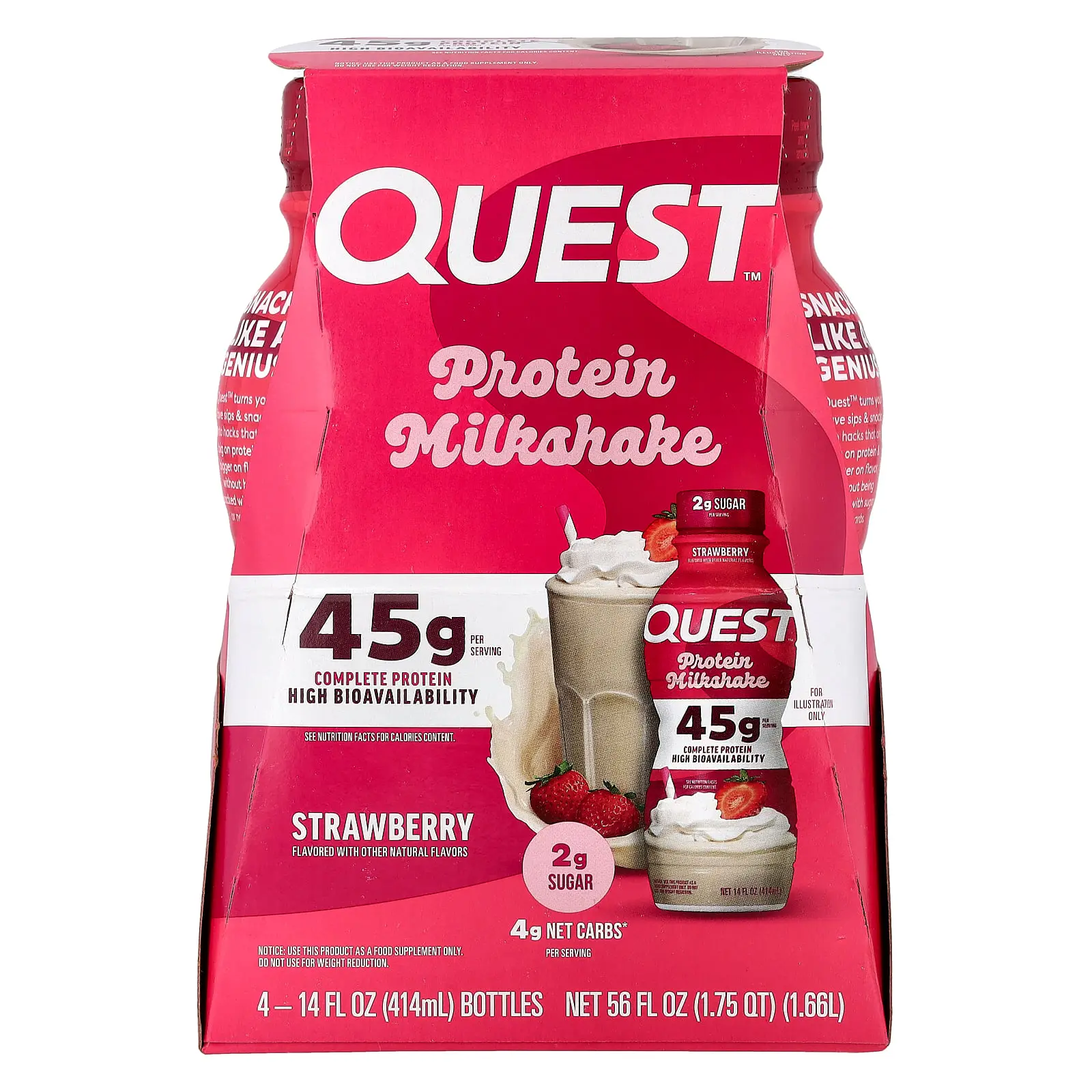 Quest Nutrition Protein Milk Shake, Strawberry, 4 Bottles, 14 fl oz (414 ml) Each