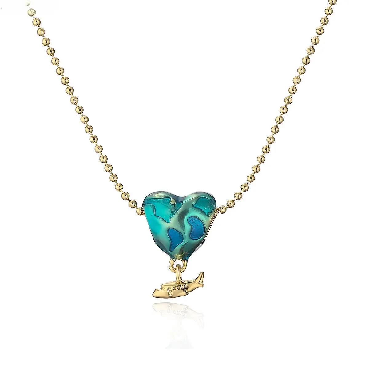 FHSY SHOP Ocean Blue Enamel Heart Airplane Charm Necklace 14K Gold Plated Bead Chain Wanderlust Travel Jewelry for Women, Vacation & Everyday Wear