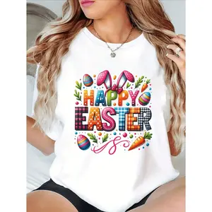 Happy Easter Colorful Plaid Bunny Ears Eggs Carrots T-shirt Festive Spring Holiday Celebration Tee Cute Family Gift Outfit Vibrant Apparel