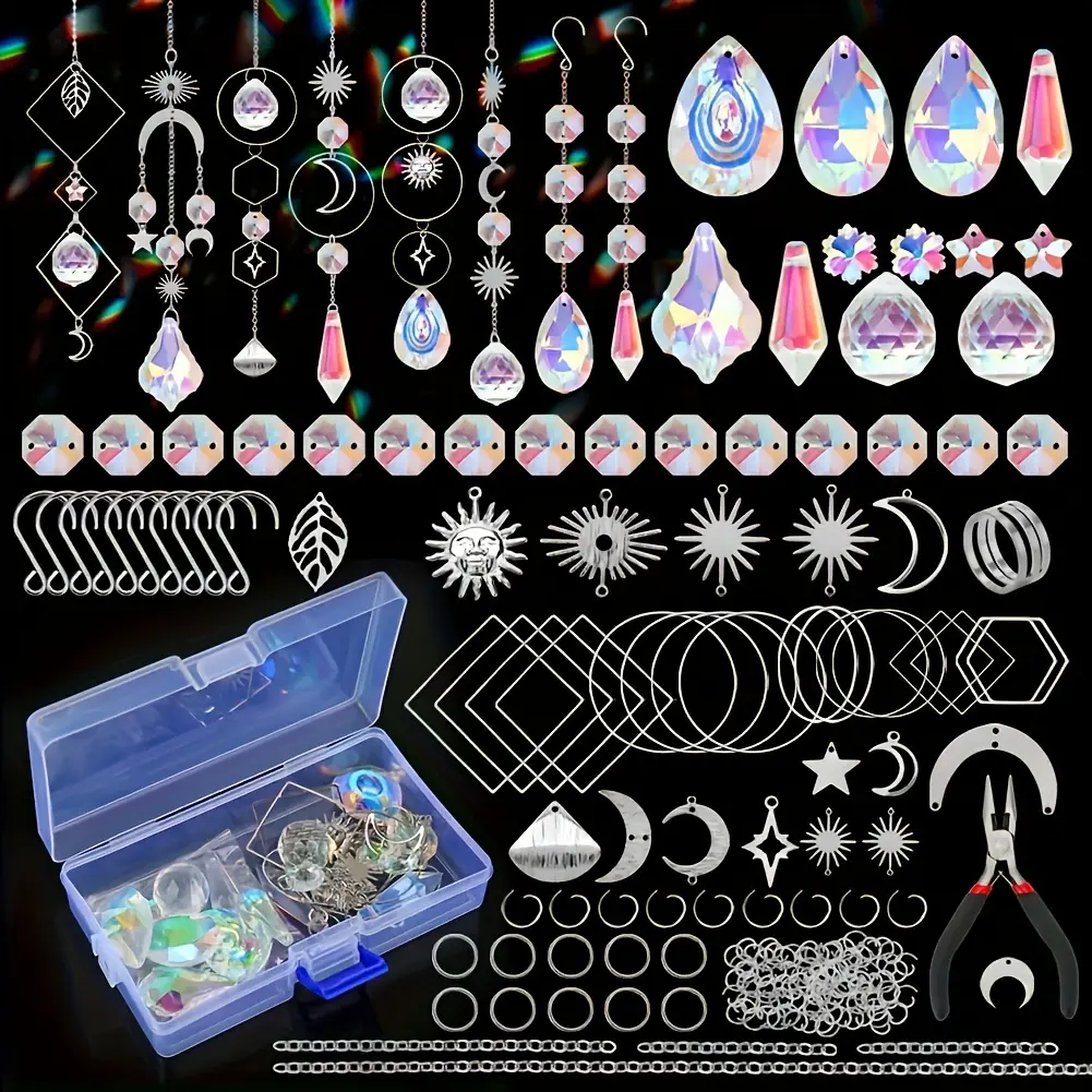 200 Piece Set DIY Sun Catcher Colorful Glass Hanging Crystal Pendants with Chain, Outdoor Wind Chimes, Home and Garden Decoration Accessories, Outdoor Garden Accessory