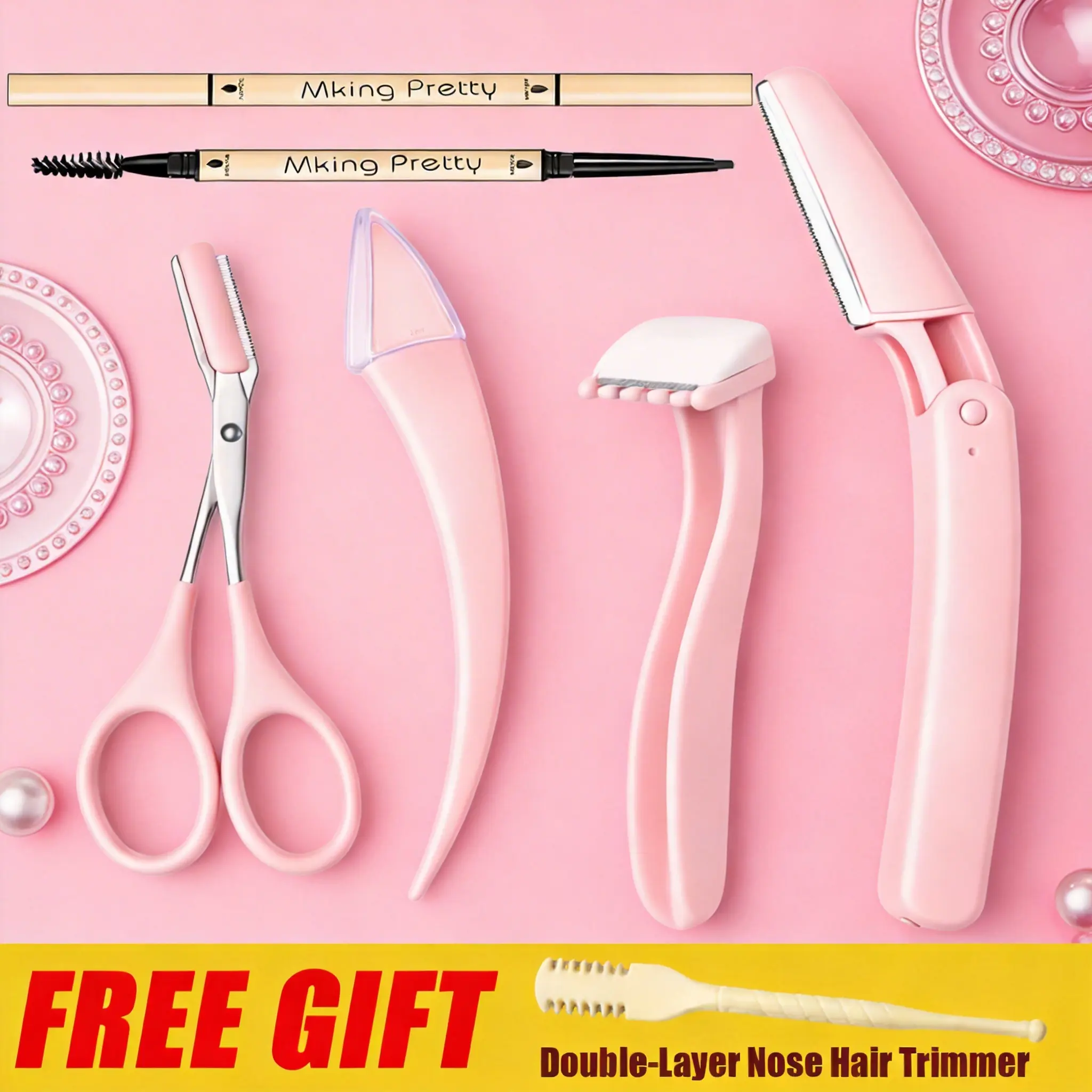 Unisex 6-Piece Eyebrow Scissors Set - Daily Trimmer, Bonus Nose Hair Trimmer, Brush, Underarm & Leg Hair Removal Tool, Compact Cosmetic Shaping Tool for At-Home Natural Looks, Beauty Gift