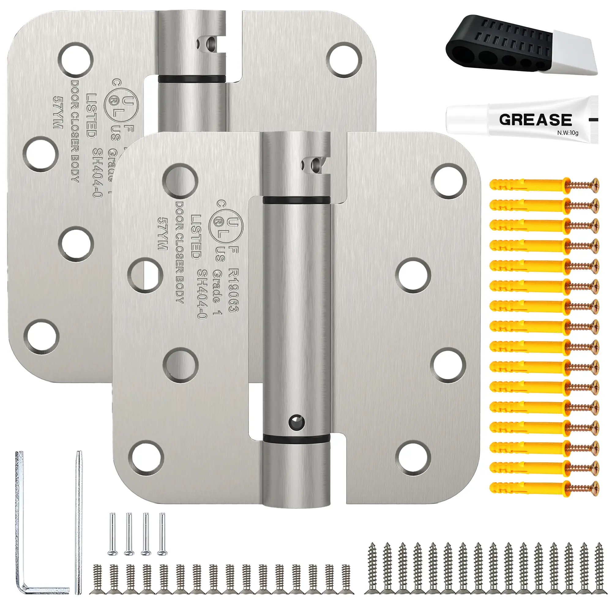 Treasem Robust Iron 4.0" Auto-Close Exterior Door Hinges Kit - Spring-Loaded, Adjustable Tension, 5/8" Radius, Nickel Plated Satin Finish, ANSI/BHMA Standards Certified, 35-80 lbs Capacity, Anti-Rust Hinges, Includes Door Stopper & 16 Anchors