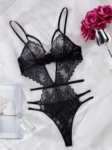 Women's Sexy Lace Floral Trim Underwire Bodysuit, Sheer Lace Lingerie, Solid Color Push Up Strappy Backless Bodysuit, Women's for All Seasons